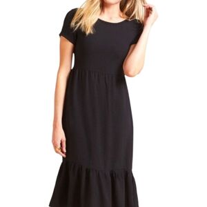 NWOT Allison Joy Elegant Black Crepe Midi Dress w/Short sleeves & Ruffled Hem XS